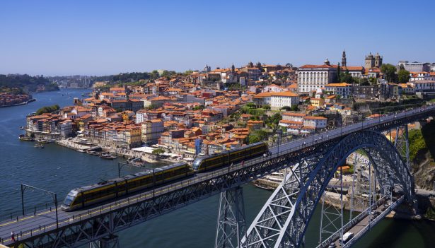 Aerial view of famous bridge in Porto, Portugal